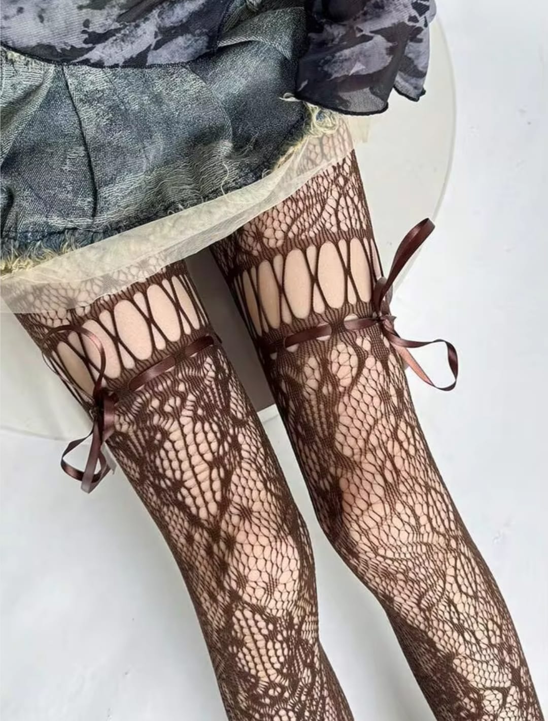 Women’s Fishnet Thigh High Stockings with Ribbon Bow, Sheer Stretch Mesh Long Socks